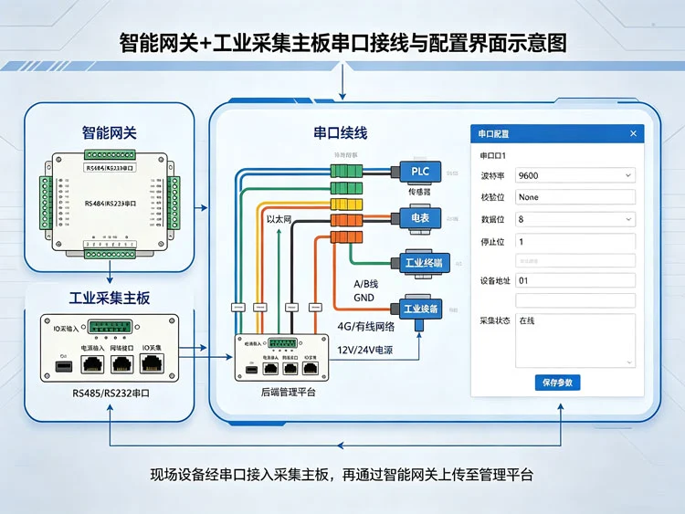 智能网关+工业采集主板串口接线与配置界面示意图 智能网关+工业采集主板串口接线与配置界面示意图