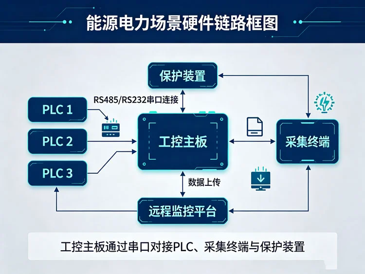 能源电力场景硬件链路框图,工控主板对接多台 PLC、采集终端、保护装置串口连接示意 能源电力场景硬件链路框图,工控主板对接多台 PLC、采集终端、保护装置串口连接示意