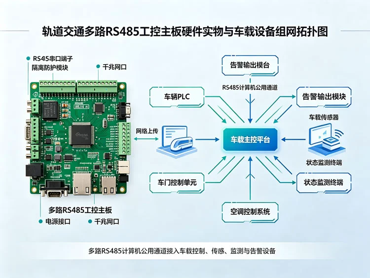 轨道交通多路RS485工控主板硬件实物与车载设备组网拓扑图 轨道交通多路RS485工控主板硬件实物与车载设备组网拓扑图