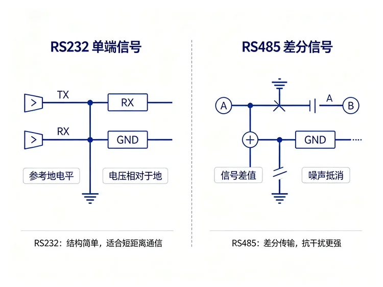 RS232与RS485信号原理对比示意图 RS232与RS485信号原理对比示意图
