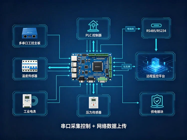 多串口工控主板应用框图，连接 PLC 传感器仪表示意图